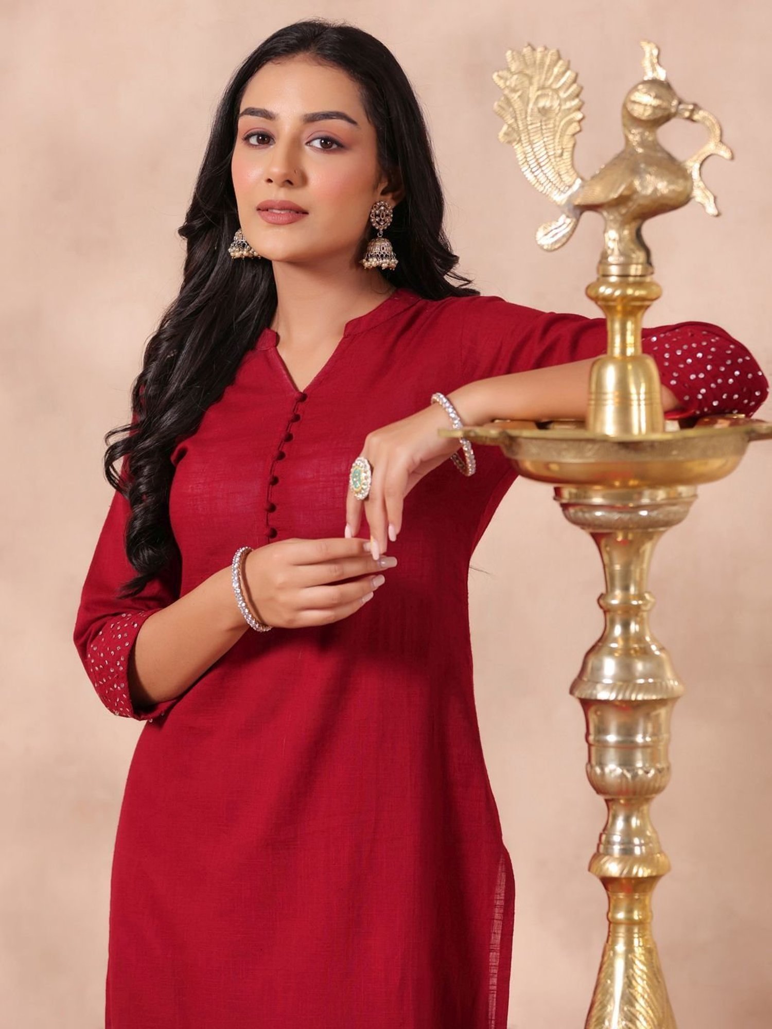Anubhutee Red Cotton Embellished Straight Kurta