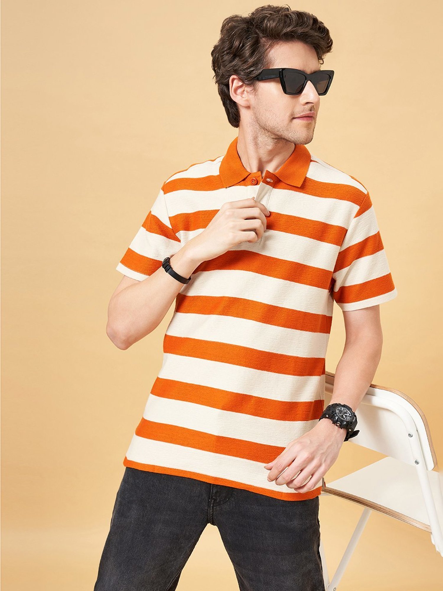 People by Pantaloons Golden Ochre Cotton Regular Fit Striped Polo T-Shirt