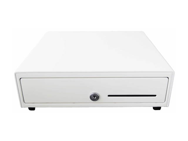 APG Vasario Series Standard Duty Cash Drawer, 13&rdquo; x 13&rdquo;, Single Media Slot, Multipro 24V, Fixed 4x4 Till (US Currency), Painted Front, All-White, Requires Cable &ndash;VB320-AW1313-B27