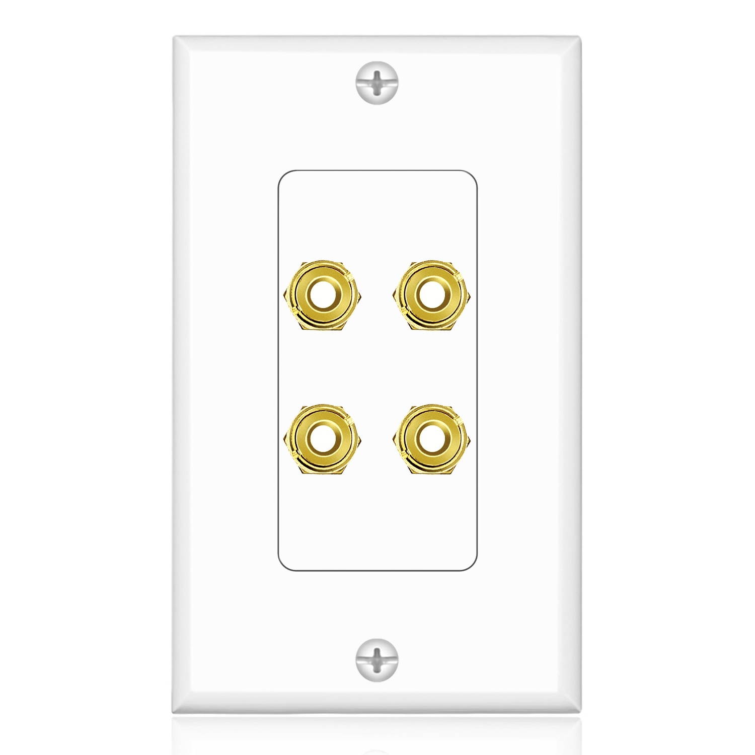 Home Theater Speaker Wall Plate Outlet - 2 Speaker Sound Audio Distribution Panel Gold Plated Copper Banana Plug Binding Post Connector Insert Jack Coupler (2 Pair, Single Gang, White)