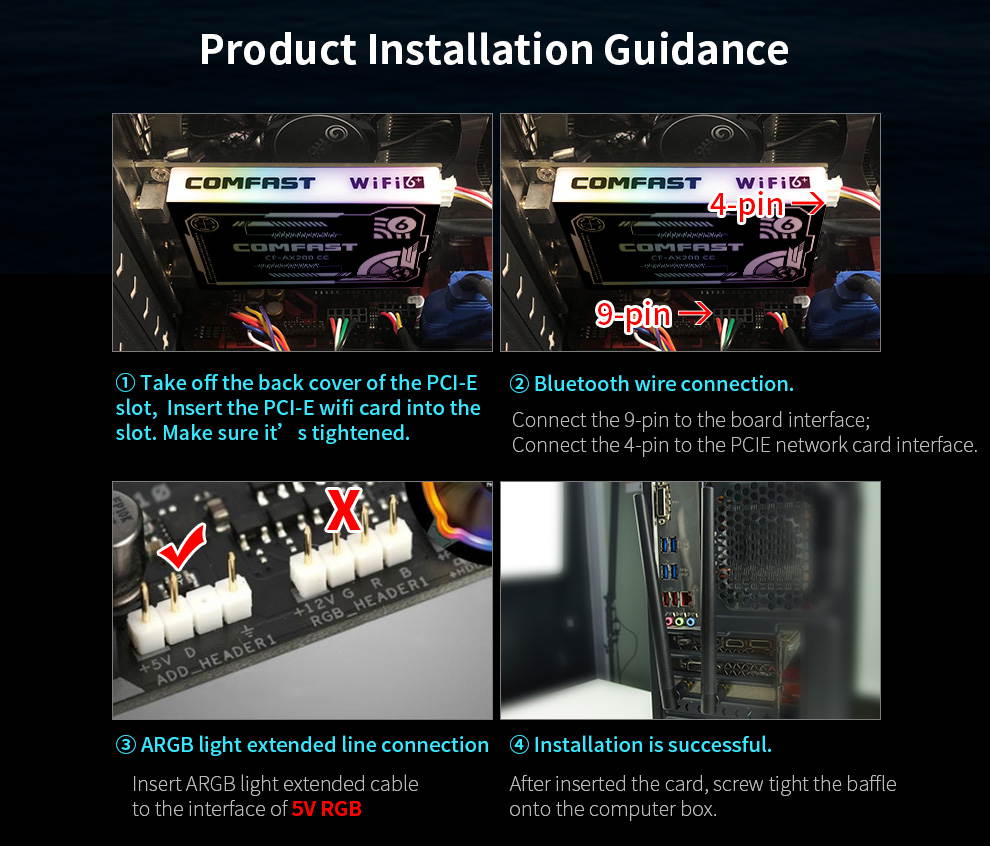 Comfast CF-AX200 CC PCIe WiFi6 Adapter 2974Mbps bluetooth 5.1 Dual Antennas PCI-E WiFi Adapter Gaming RGB Network Card only For Desktop Win10 64bit  PC