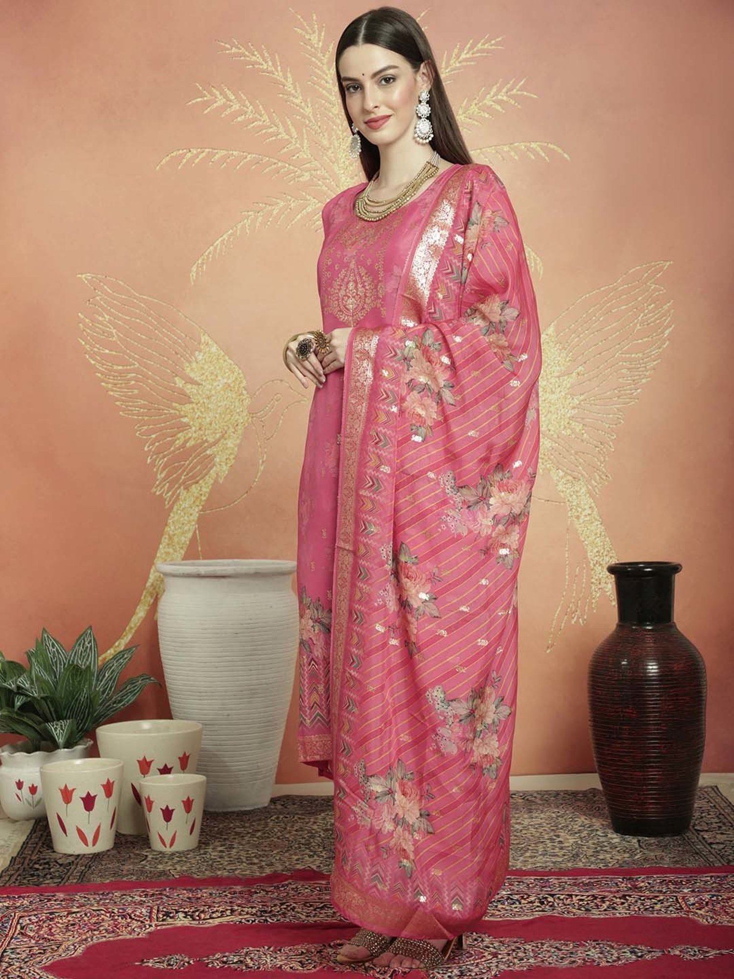 Stylee LIFESTYLE Magenta Woven Unstitiched Dress Material