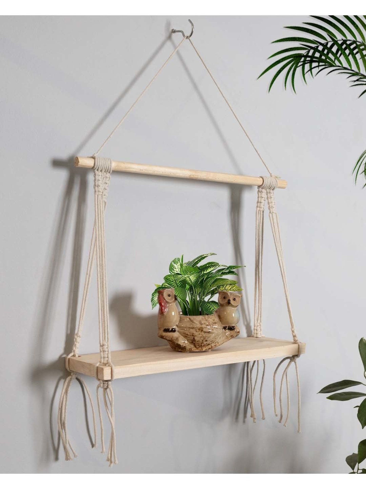 Homesake Macrame Beige Wood Wall Hanging Shelf