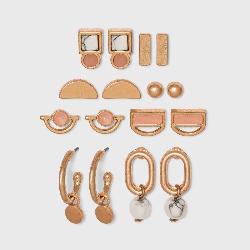 Mixed Semi-Precious Bead and Geometric Earring Set 8pc - Universal Thread™ Gold