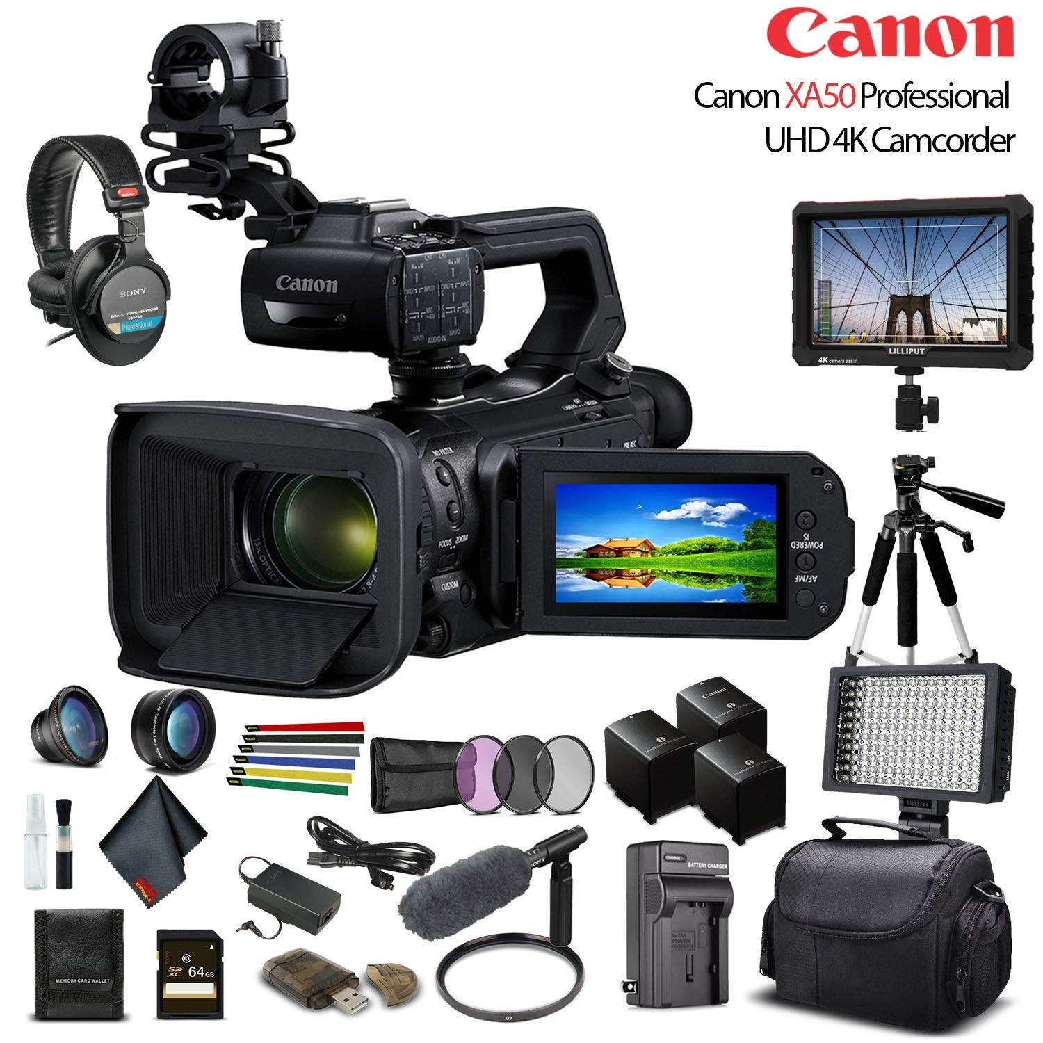 Canon XA50 Professional UHD 4K Camcorder W/ 2 Extra Battery, Soft Padded Bag, 64GB Memory Card, Filter Kit, LED Light, Sony Headphones, 4K Monitor, Sony Mic And More Advanced W/ Mic Bundle