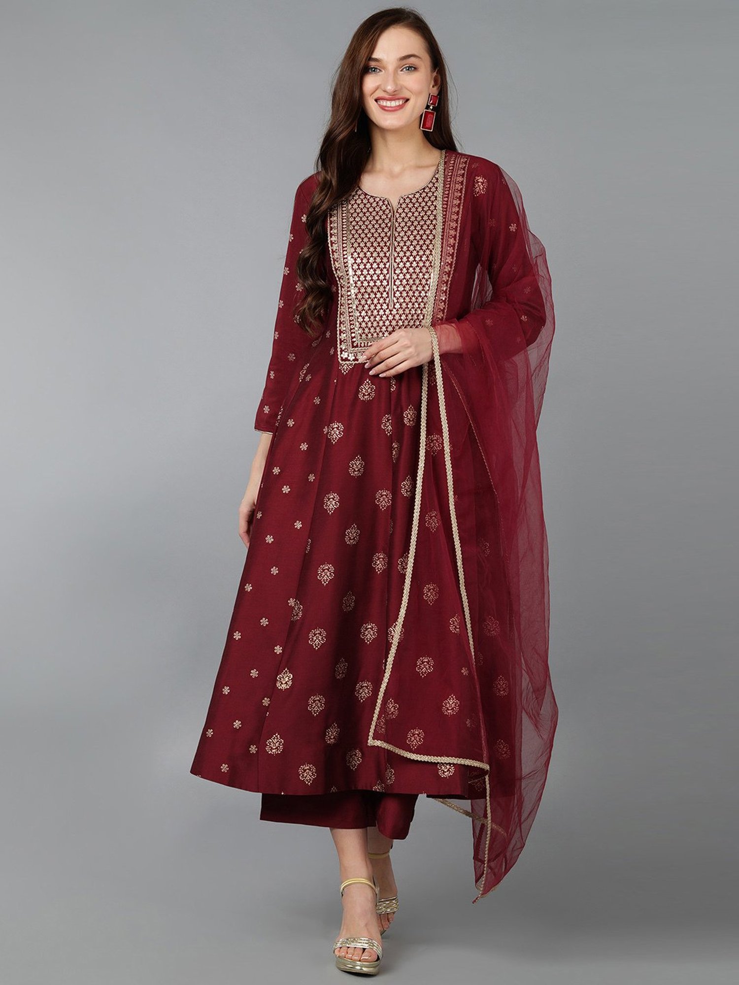Vaamsi Maroon Embroidered Kurta Palazzo Set With Dupatta