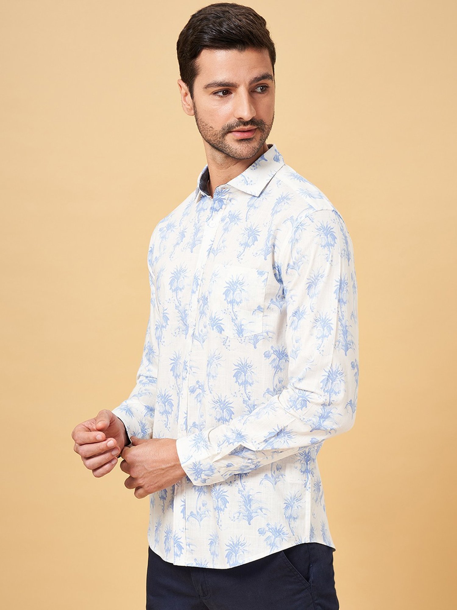 Byford by Pantaloons Dream Blue Cotton Slim Fit Printed Shirt