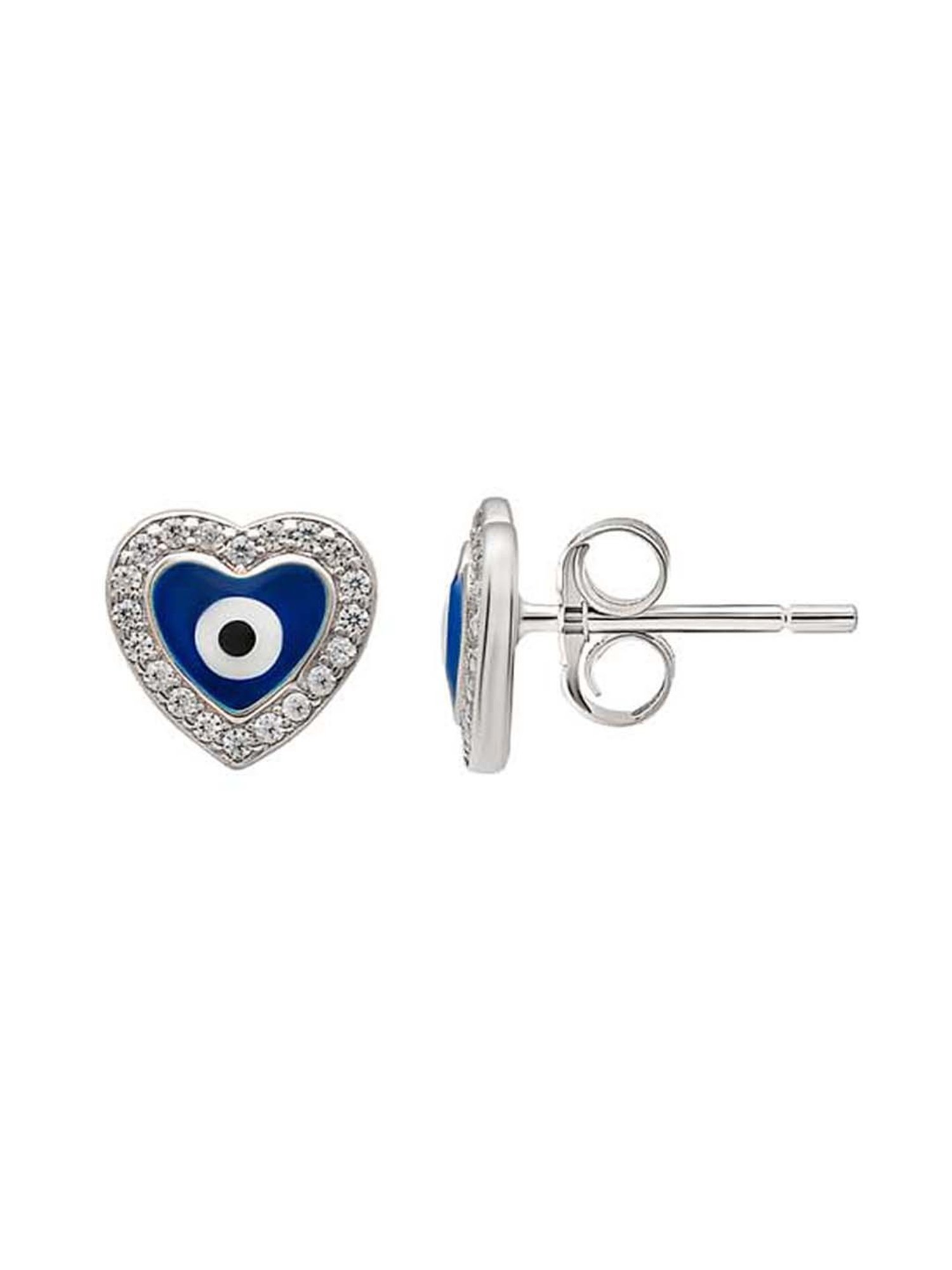 Silberry 925 Sterling Silver Blue Heart Evil Eye Stud Earrings for Women