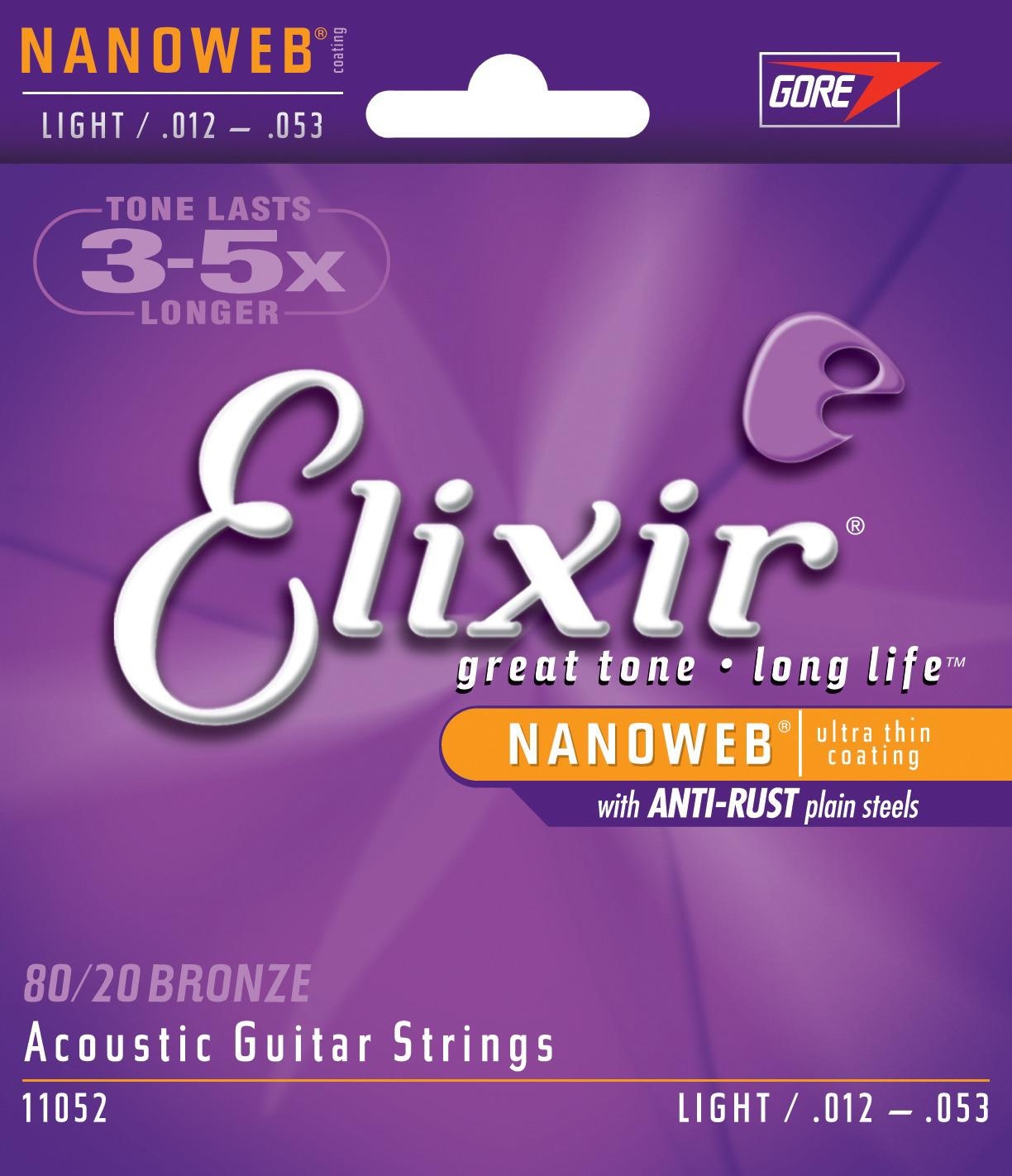Elixir 11052 Light NanoWeb Ac Guitar Strings 12-53