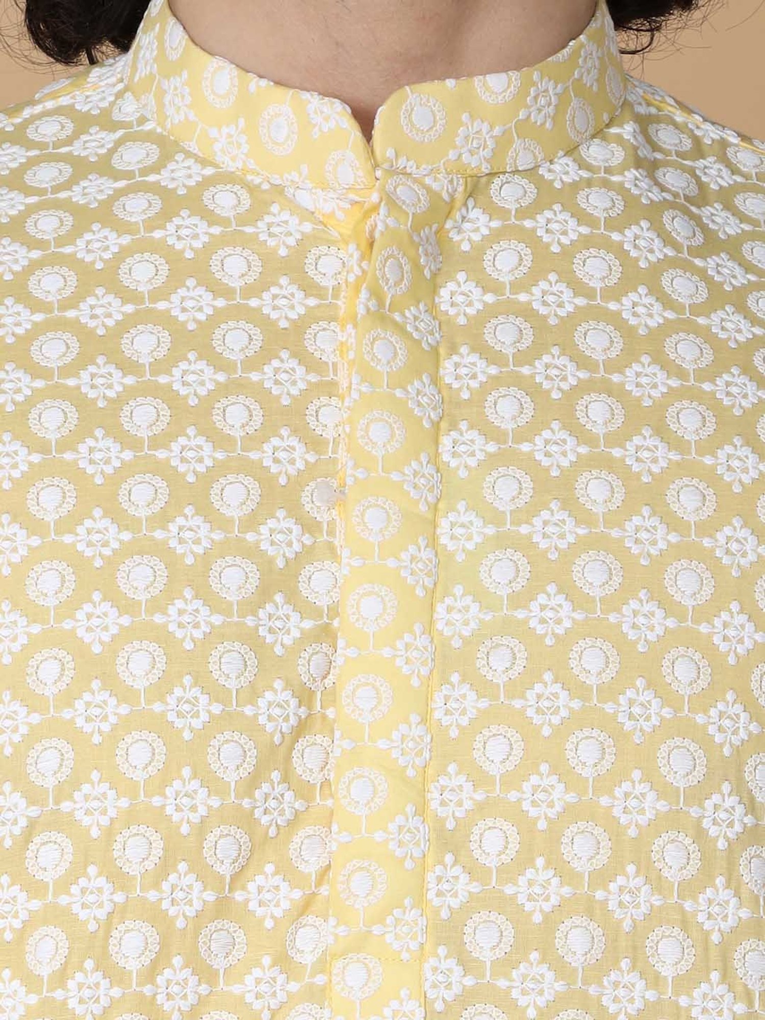 TABARD Light Yellow & White Regular Fit Printed Kurta & Pyjamas Set