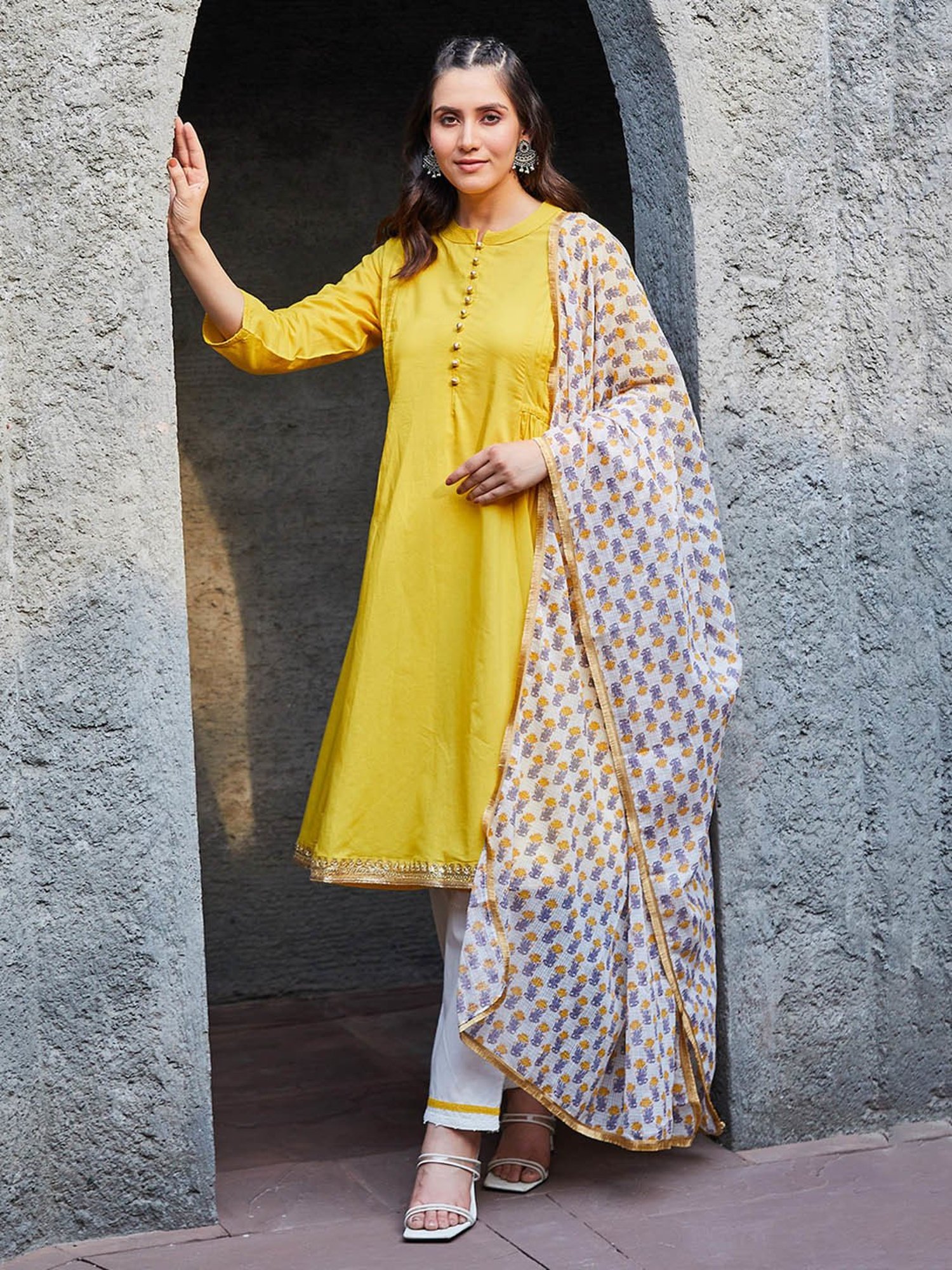 Biba Yellow & White Cotton Kurta With Pant & Dupatta