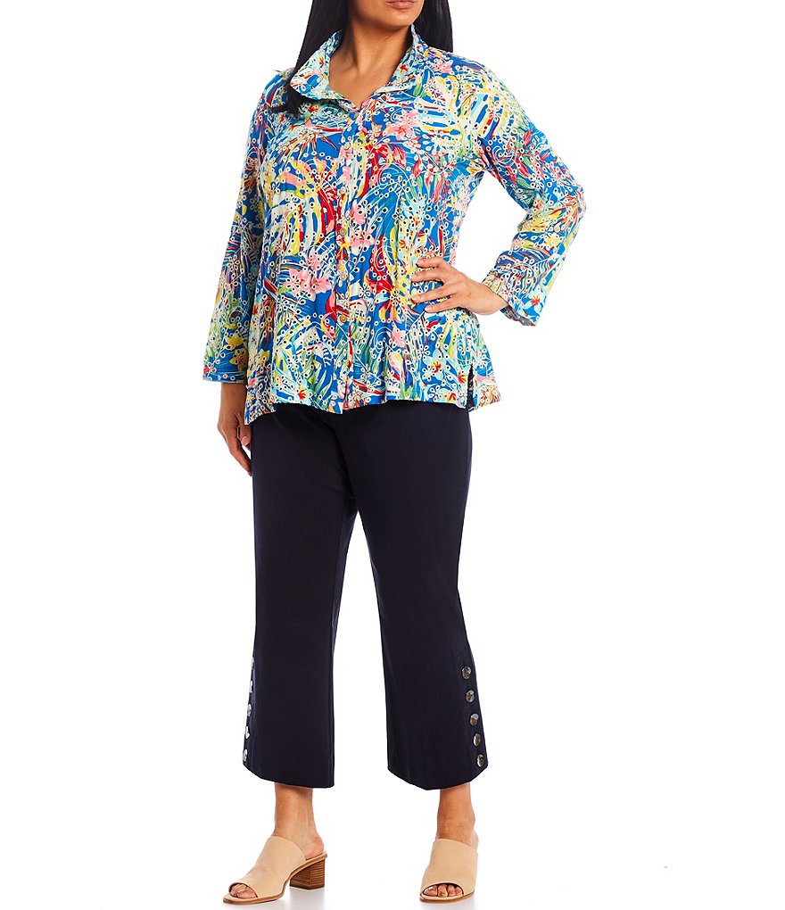 John Mark Plus Size Flare Leg Button Side Hem Details Pull-On Pants