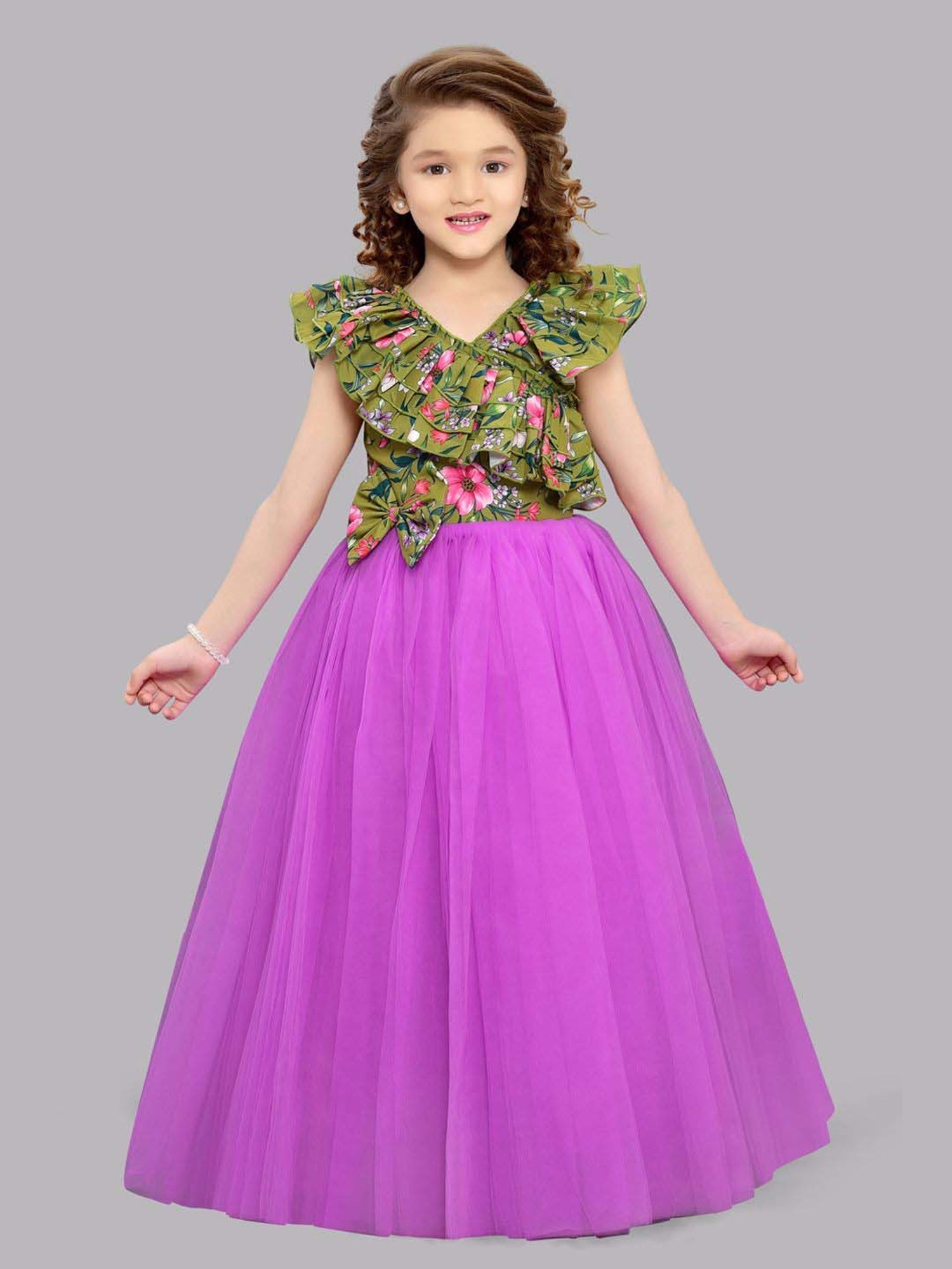 Pink Chick Kids Green & Pink Floral Party Gowns