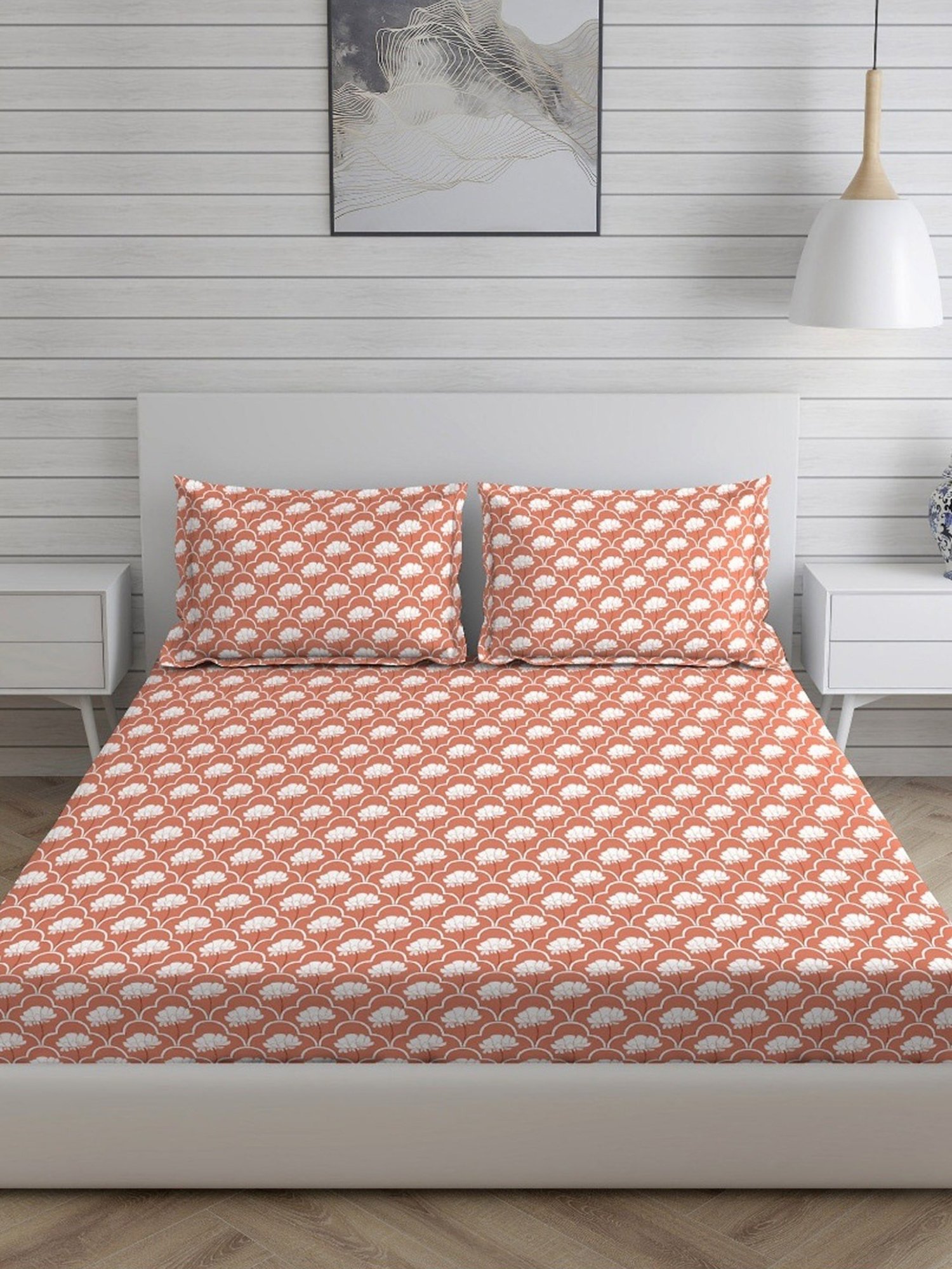 Layers Tropical Fever Nature Orange 144 TC Cotton King Bed Sheet with 2 Pillow Covers