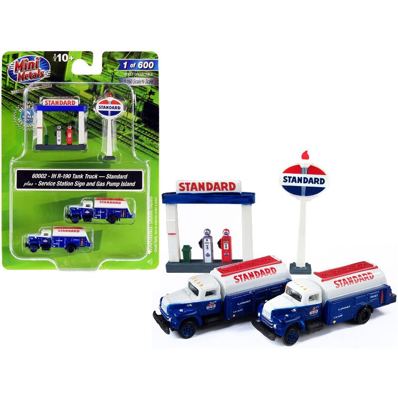 IH R-190 Tanker Trucks 2 pcs Blue & White & Service Station Sign & Gas Pump Island "Standard" 1/160 N Models Classic Metal Works