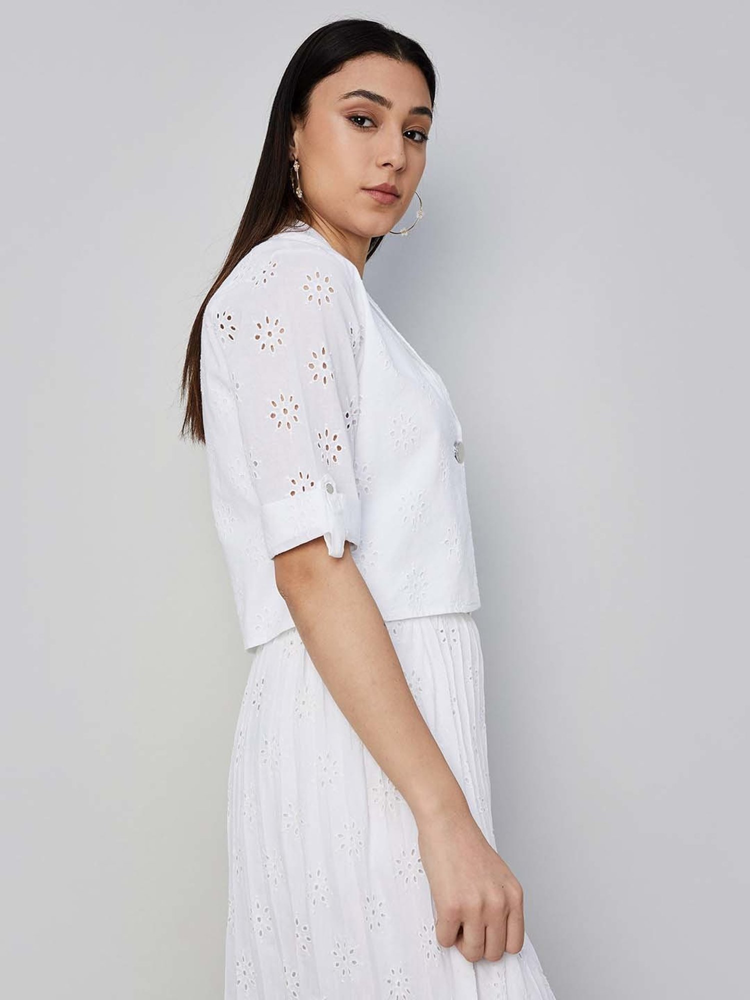 Code by Lifestyle Off-White Cotton Self Pattern Shrug