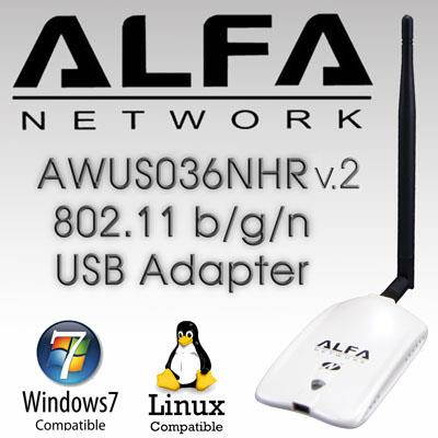 Alfa AWUS036NHR High-Gain 2000mw 802.11 B/G/N Wireless USB Network Adaptor with 5 DdBi Screw-On Swivel Rubber Antenna