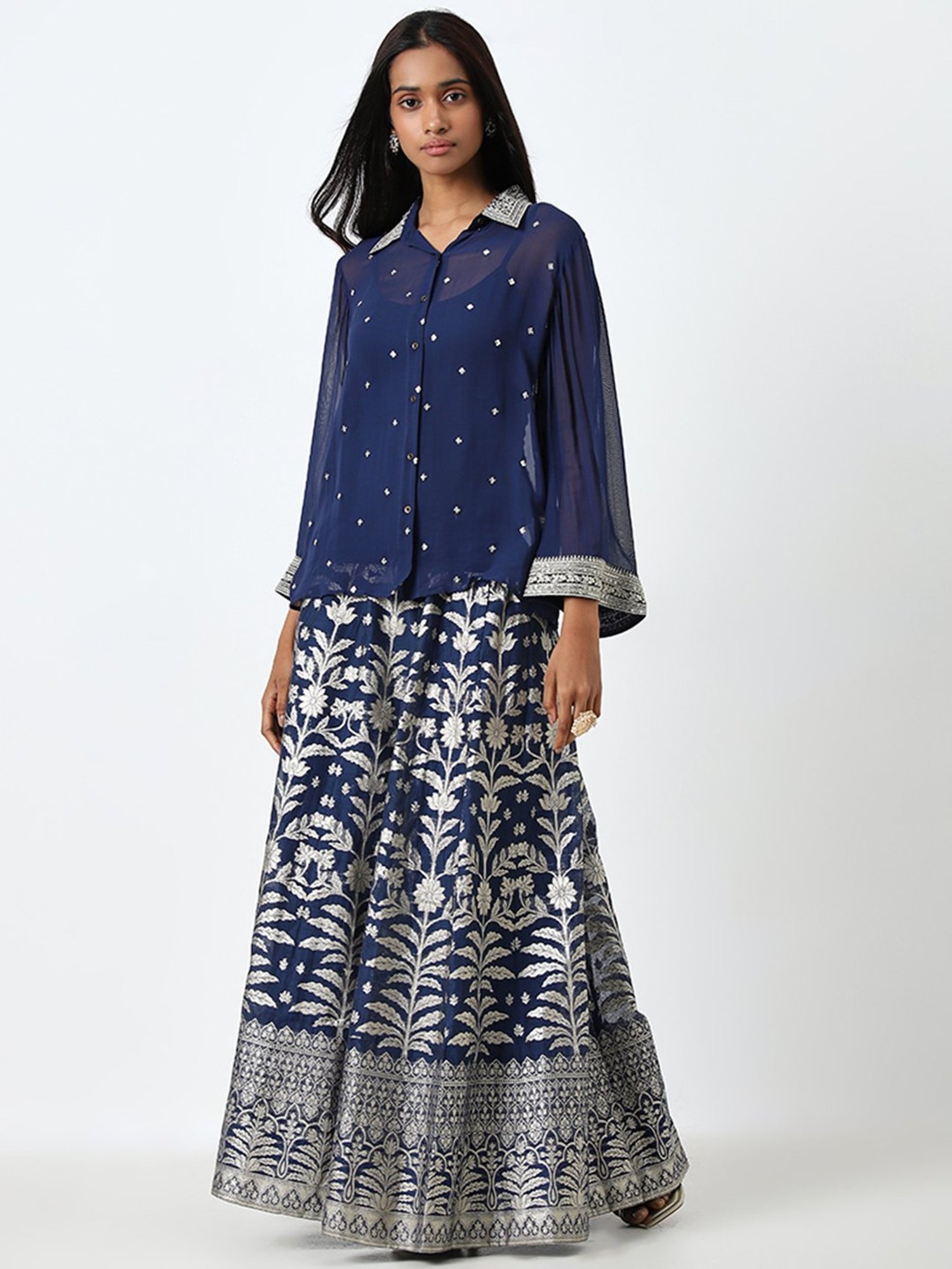 Vark by Westside Navy Embellished Shirt, Inner and Skirt Set
