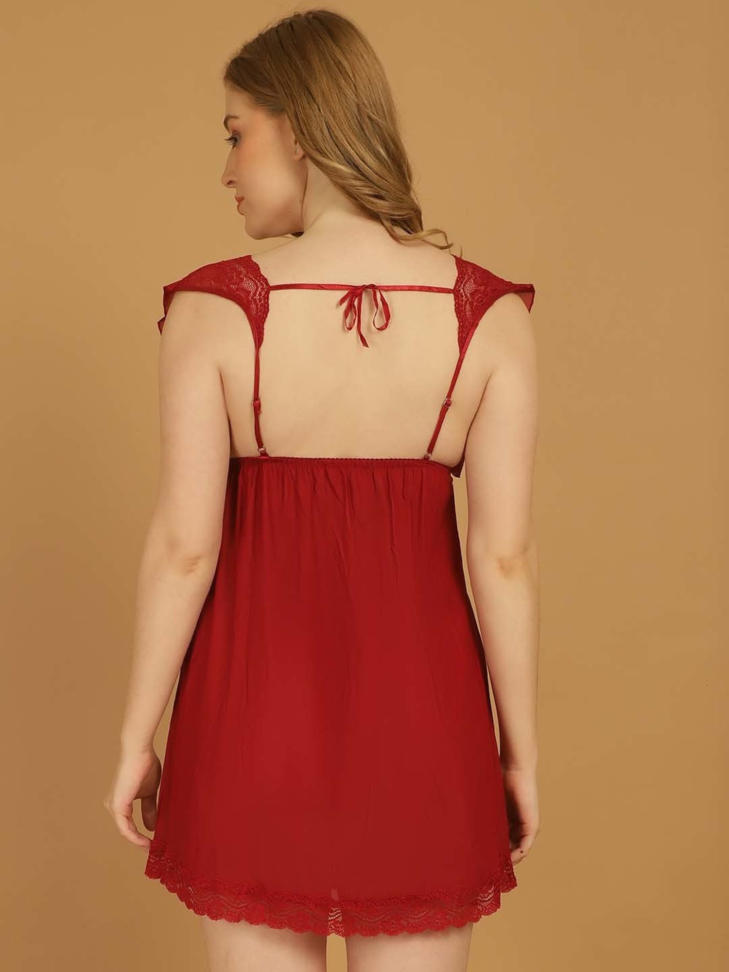 Stylee LIFESTYLE Maroon Lace Work Babydoll With Brief