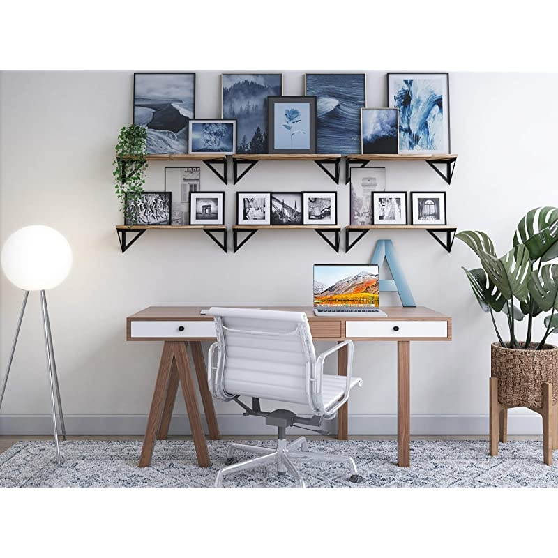 Minori Floating Shelves Set of 2 Small Bookshelf Unit for Bedroom Office and Living Room Natural Burned Rustic Wood Wall Decor with Metal Floating Shelf Bracket