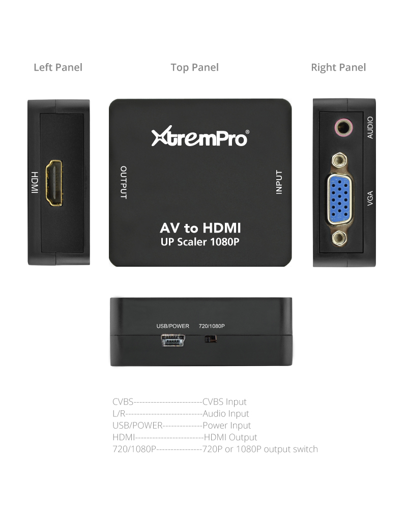 XtremPro AV to HDMI Converter Mini Coposite RCA CVBS AV to HDMI Video Audio Converter, Support PAL/NTSC w/USB Charge Cable for PC Laptop Xbox PS4 PS3 TV STB VHS VCR Camera DVD - Black (61088)