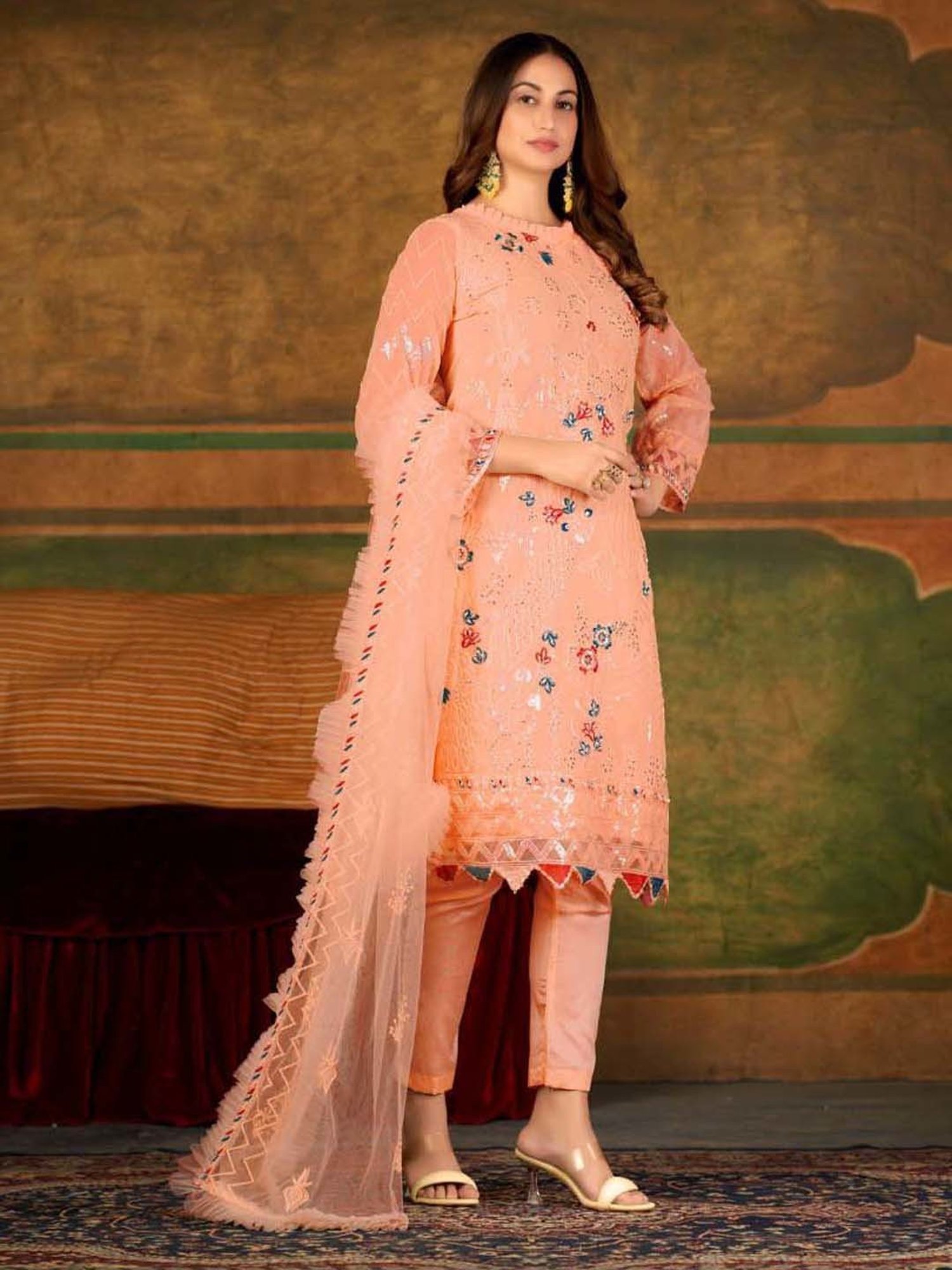 Warthy Ent Orange Embellished Semi Stitched Dress Material