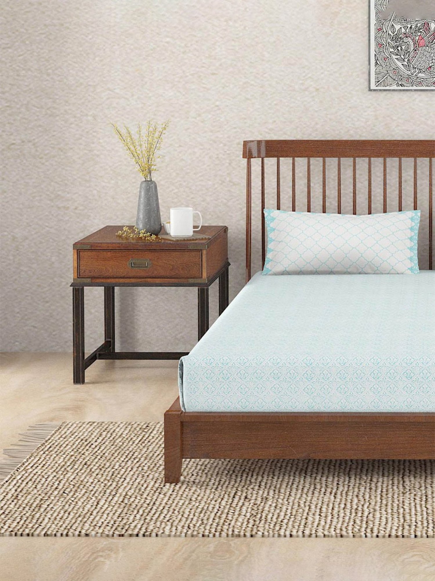 Fabindia Aqua Cotton 180 TC Single Bedsheet With Pillow Cover