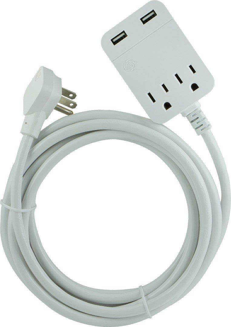 GE Pro USB Charging 12 Ft Extension Cord, Charging Station, Surge Protector Power Strip, Flat Plug, 3 prong, 2 Outlets, 2 USB Ports, 2.4 Amp, 12 Watt, 250 Joules, Wall Mount, UL Listed, White, 32089