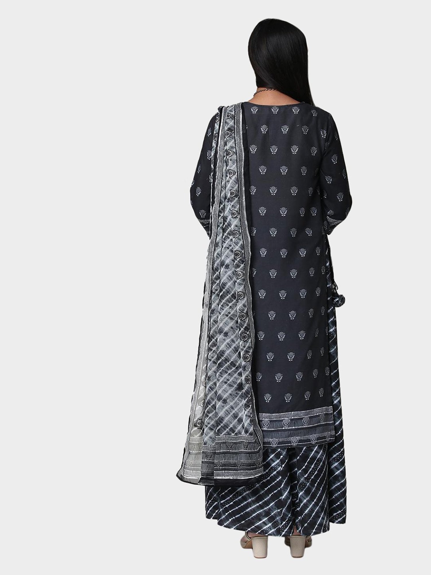 Biba Black Printed Kurta With Skirt & Dupatta