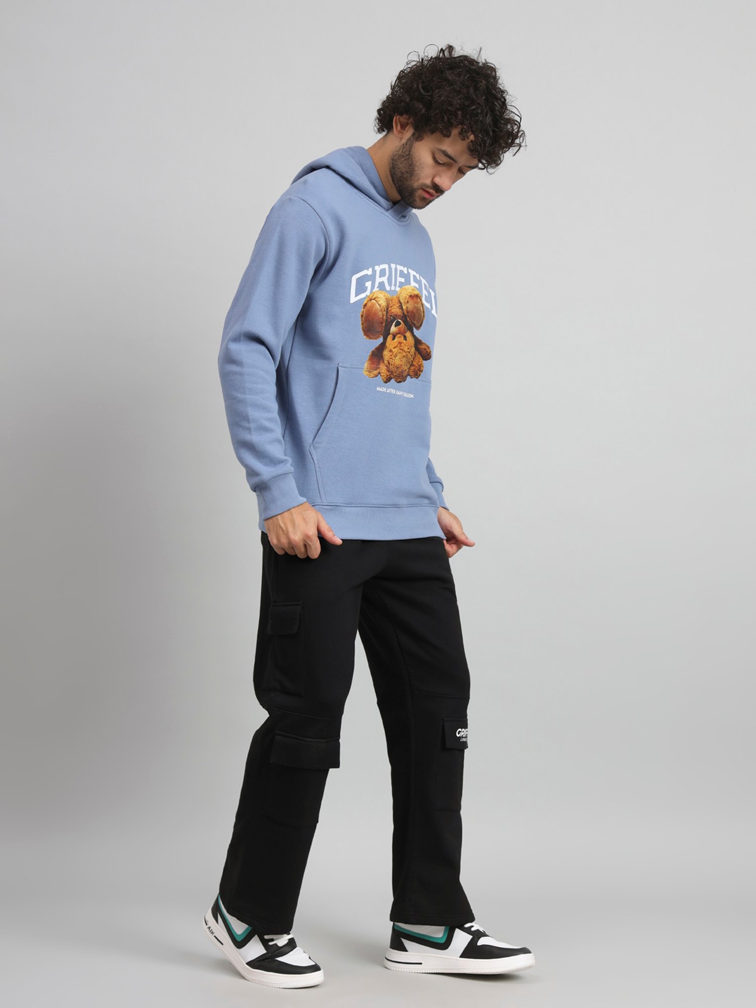GRIFFEL Sky Blue & Black Regular Fit Printed Hooded Sweatshirt & Trackpants Set