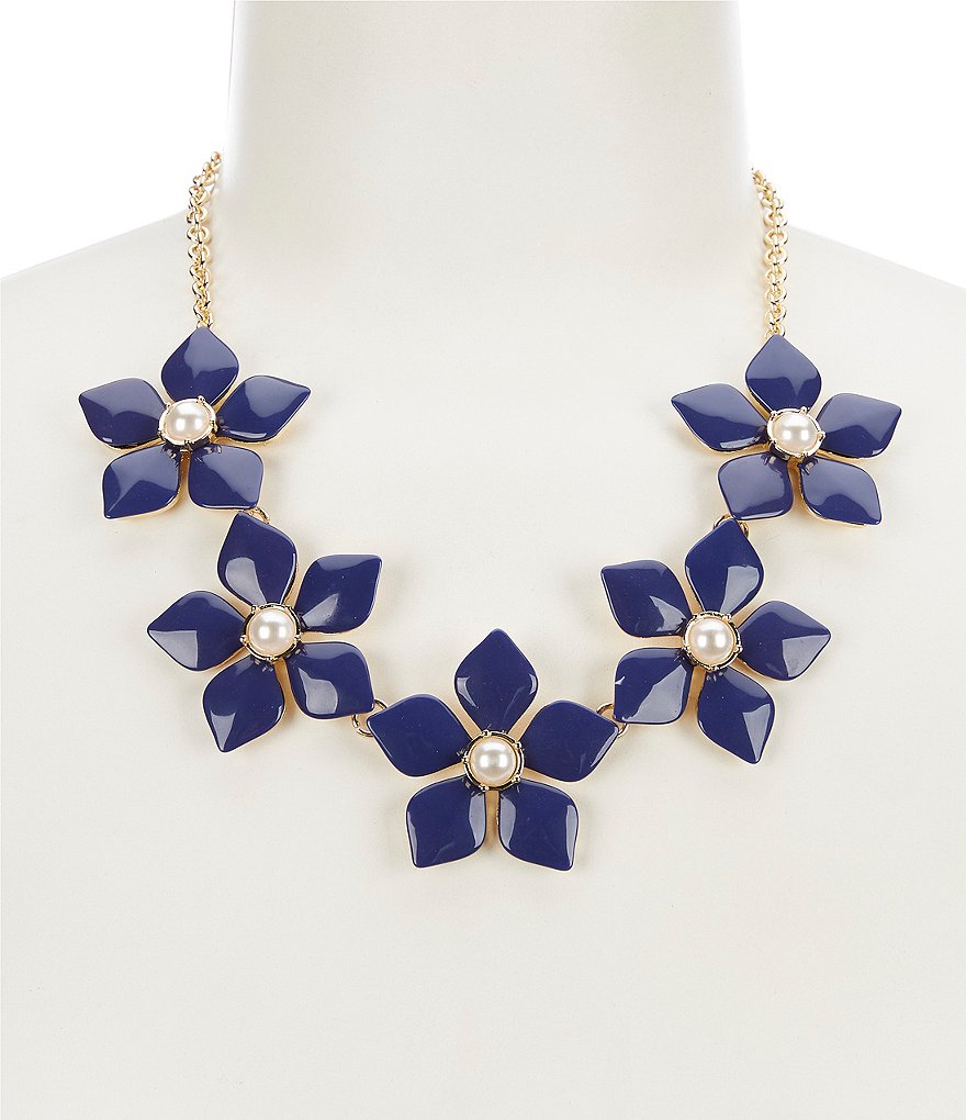 Enamel Navy Flower Pearl Frontal Necklace