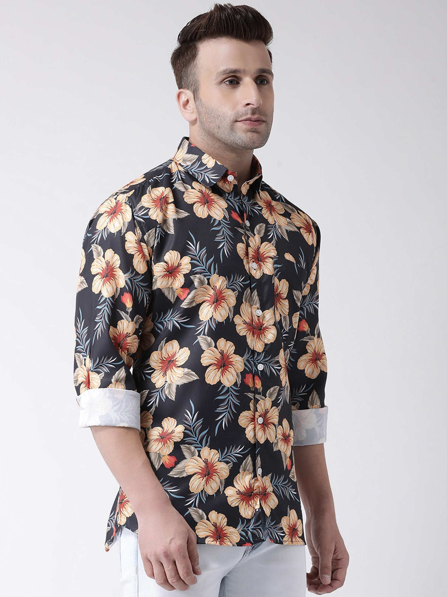 Hangup Plus Black Slim Fit Floral Print Shirt