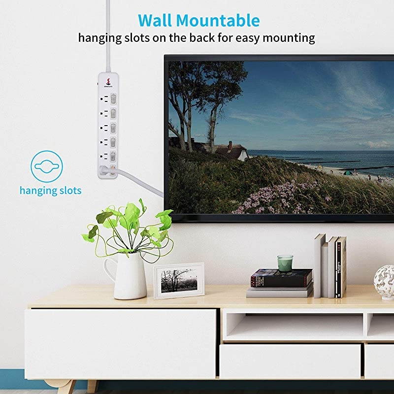 Protector Power Strip 6 ft Extension Cord 14AWG Straight Wire Plug Independent switches 125V15A Hanging Hole SGS CertificationWhite