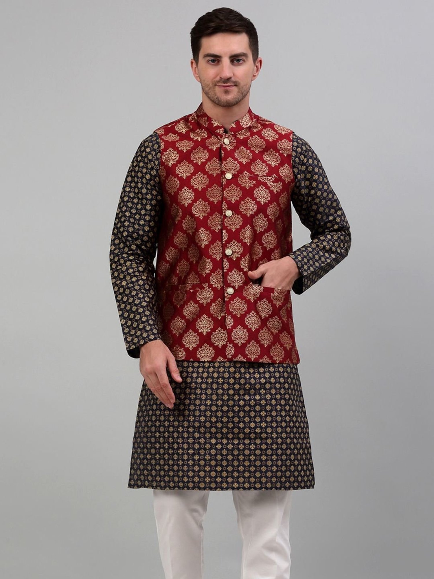 Jompers Maroon Regular Fit Printed Nehru Jacket
