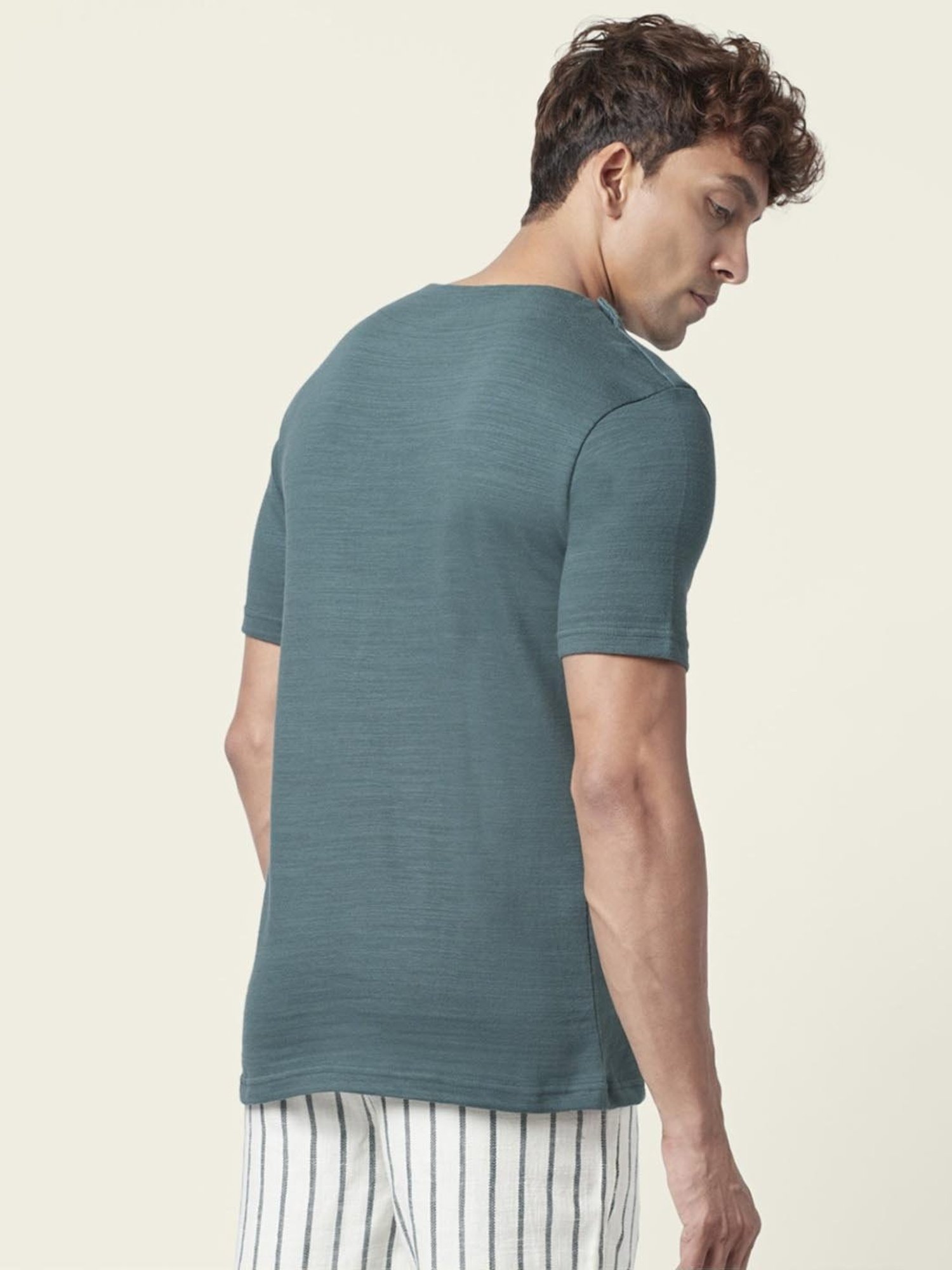 7 Alt by Pantaloons Forest Green Cotton Relaxed Fit Self Pattern T-Shirt