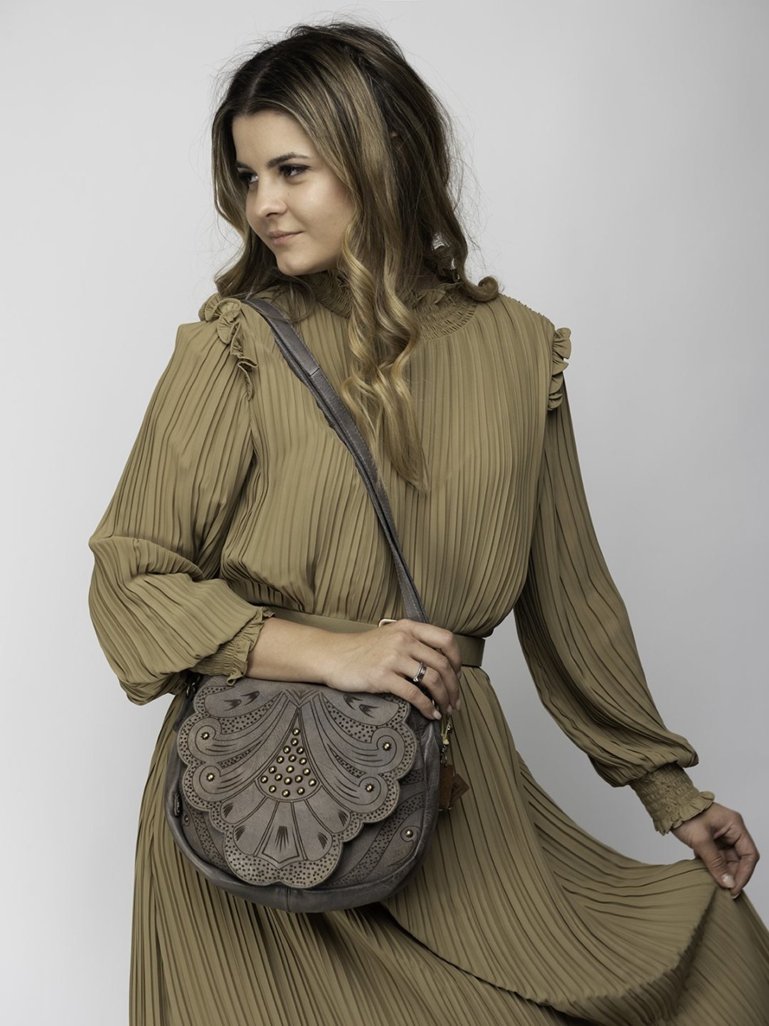 Art N Vintage Carob Grey Leather Textured Small Sling Handbag