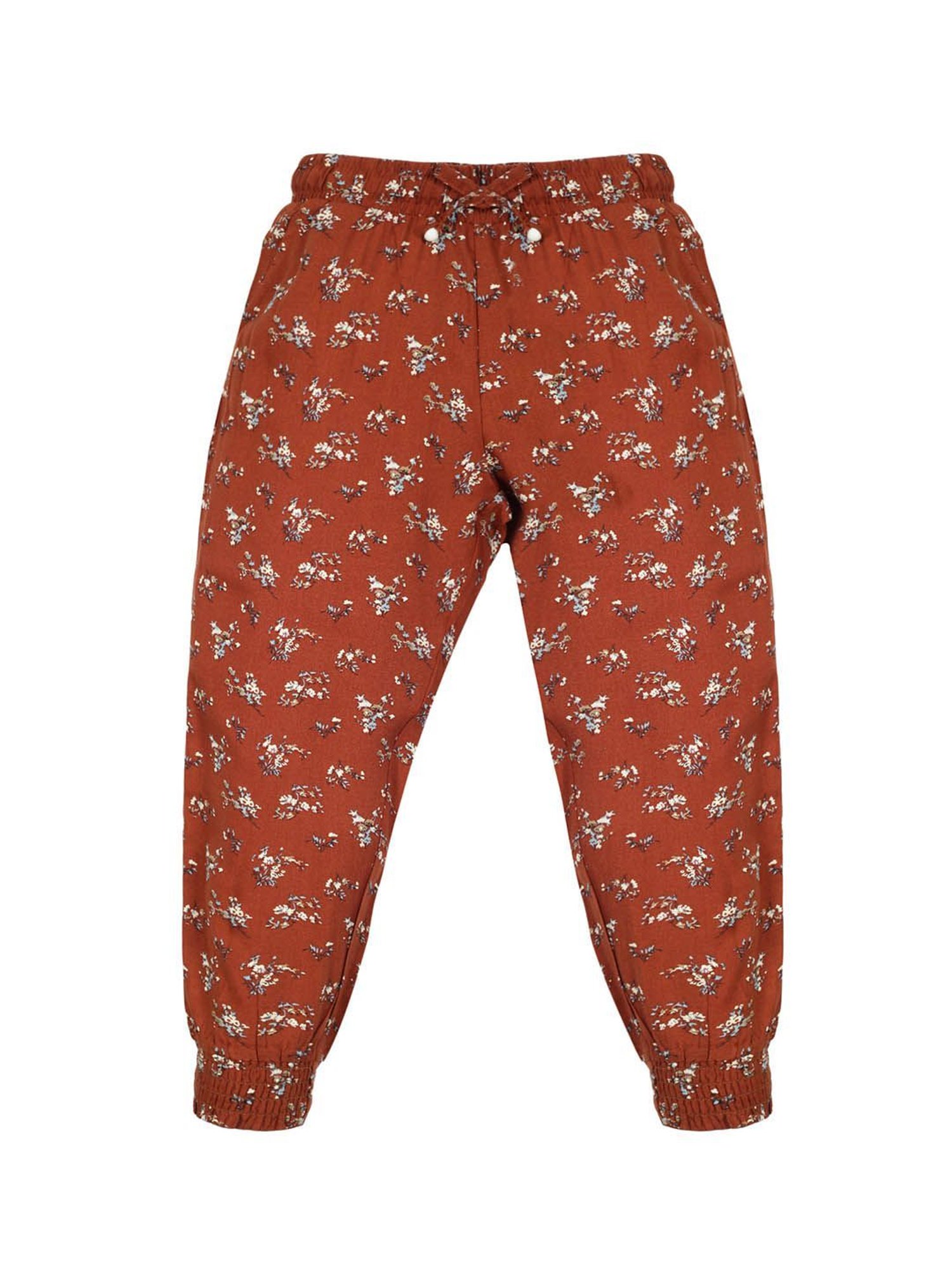 Plum Tree Girls Rust & White Floral Print Trackpants (Pack Of 2)
