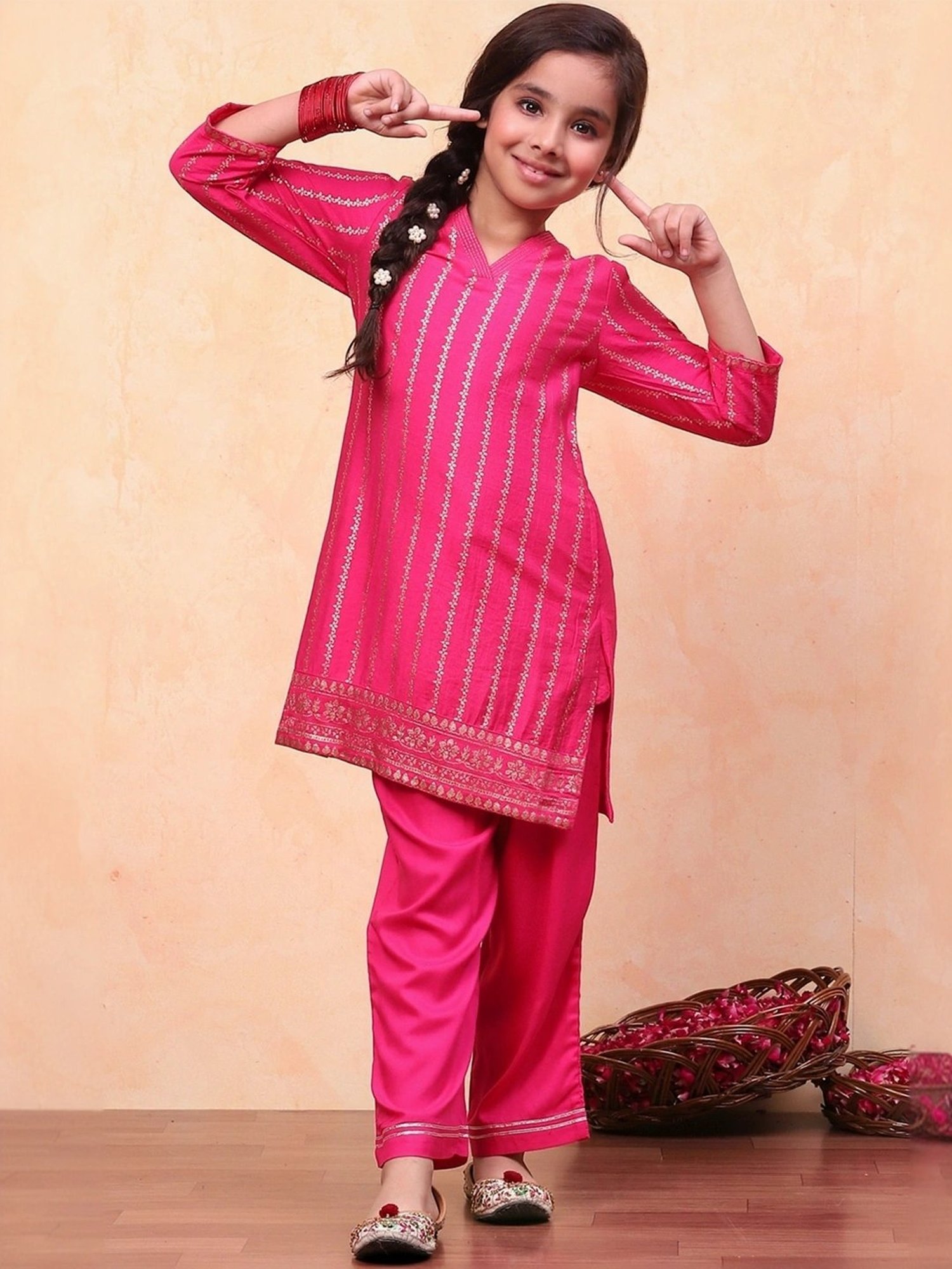 Biba Girls Pink Embellished Kurta set