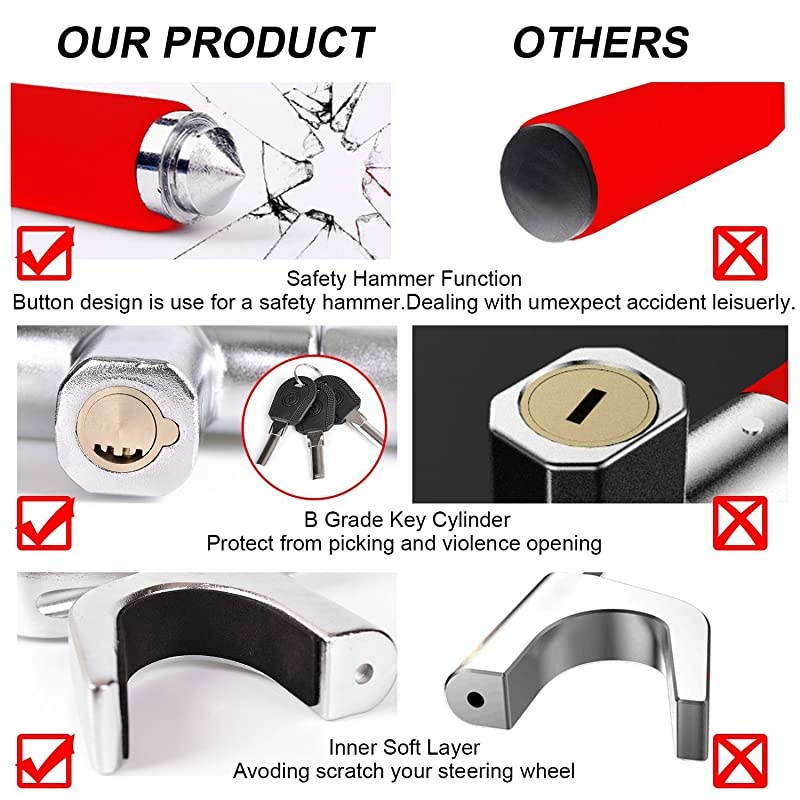 Steering Wheel Lock for Cars,Wheel Lock,Vehicle Anti-Theft Lock,Adjustable Length Clamp Double Hook Universal Fit Emergency Hammer Window Breaker Self Defense Heavy Duty Secure (Red)