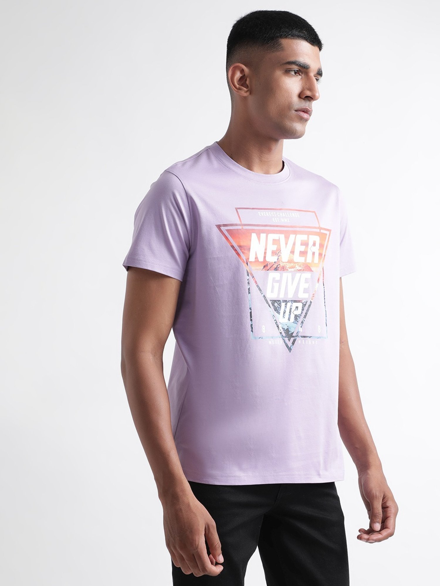 Iconic Lilac Cotton Regular Fit Printed T-Shirt