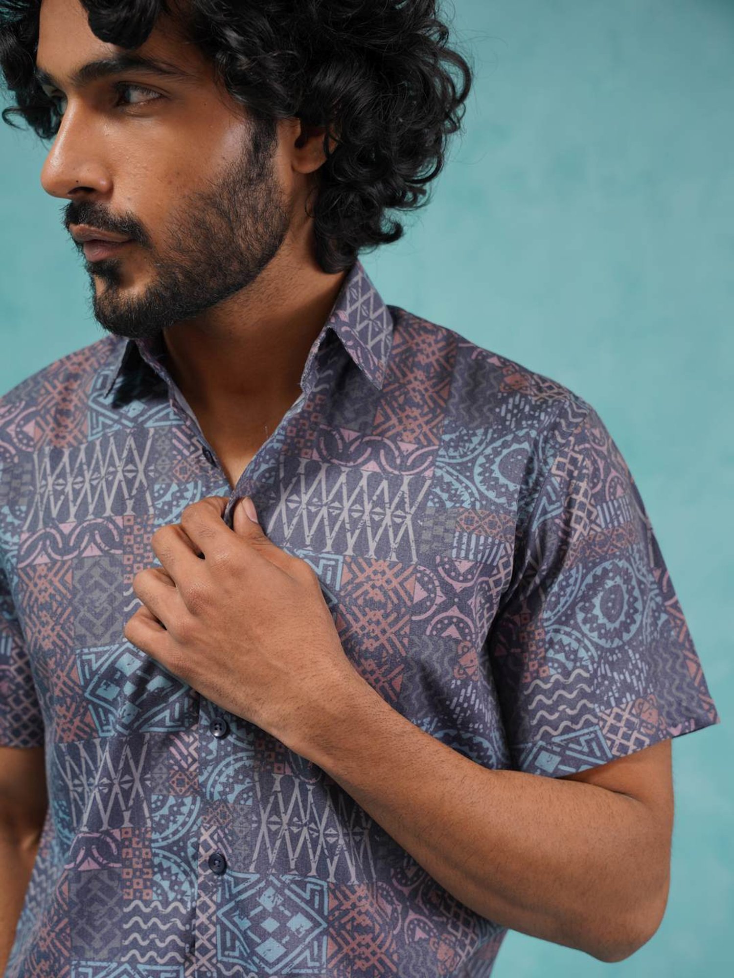 Indian Needle Grey Cotton Regular Fit Printed Shirt