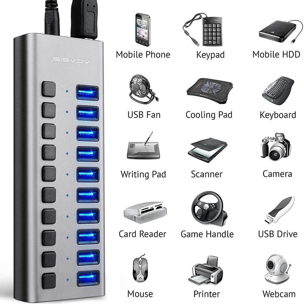 Powered USB Hub - 10 Ports 48W USB 3.0 Data Hub - with Individual On/Off Switches and 12V/4A Power Adapter USB Hub 3.0 Splitter for Laptop, PC, Computer, Mobile HDD, Flash Drive and More