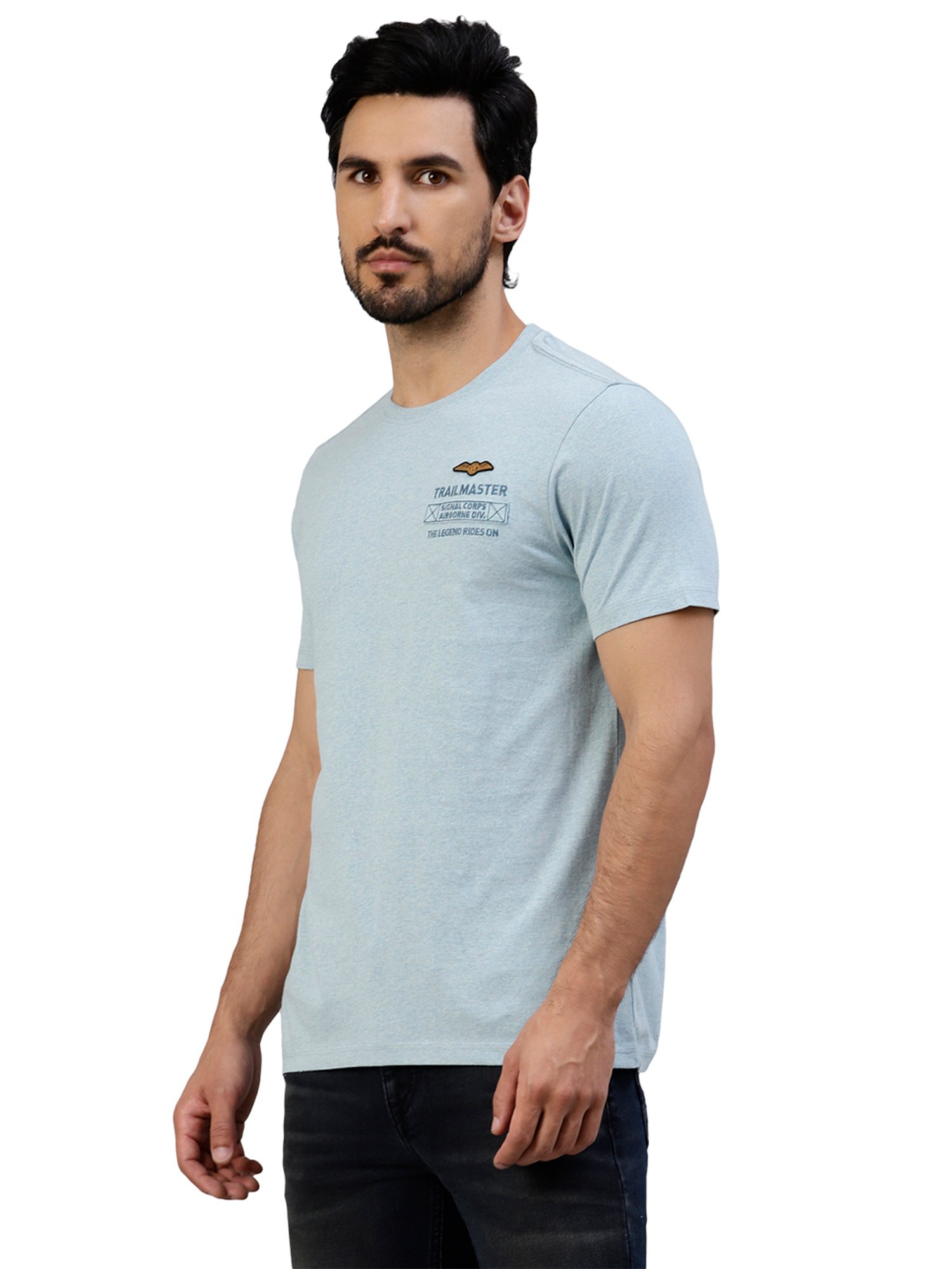 Royal Enfield Trail Master Blue Melange Regular Fit Printed Crew T-Shirt