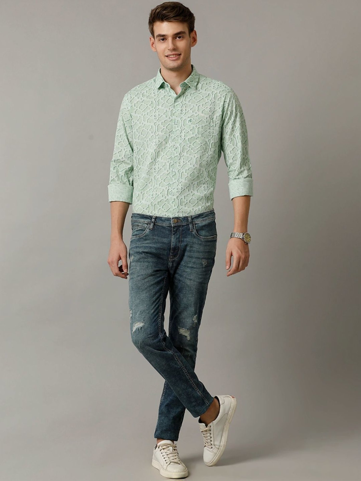 Cavallo By Linen Club Green Linen Contemporary Fit Printed Shirt