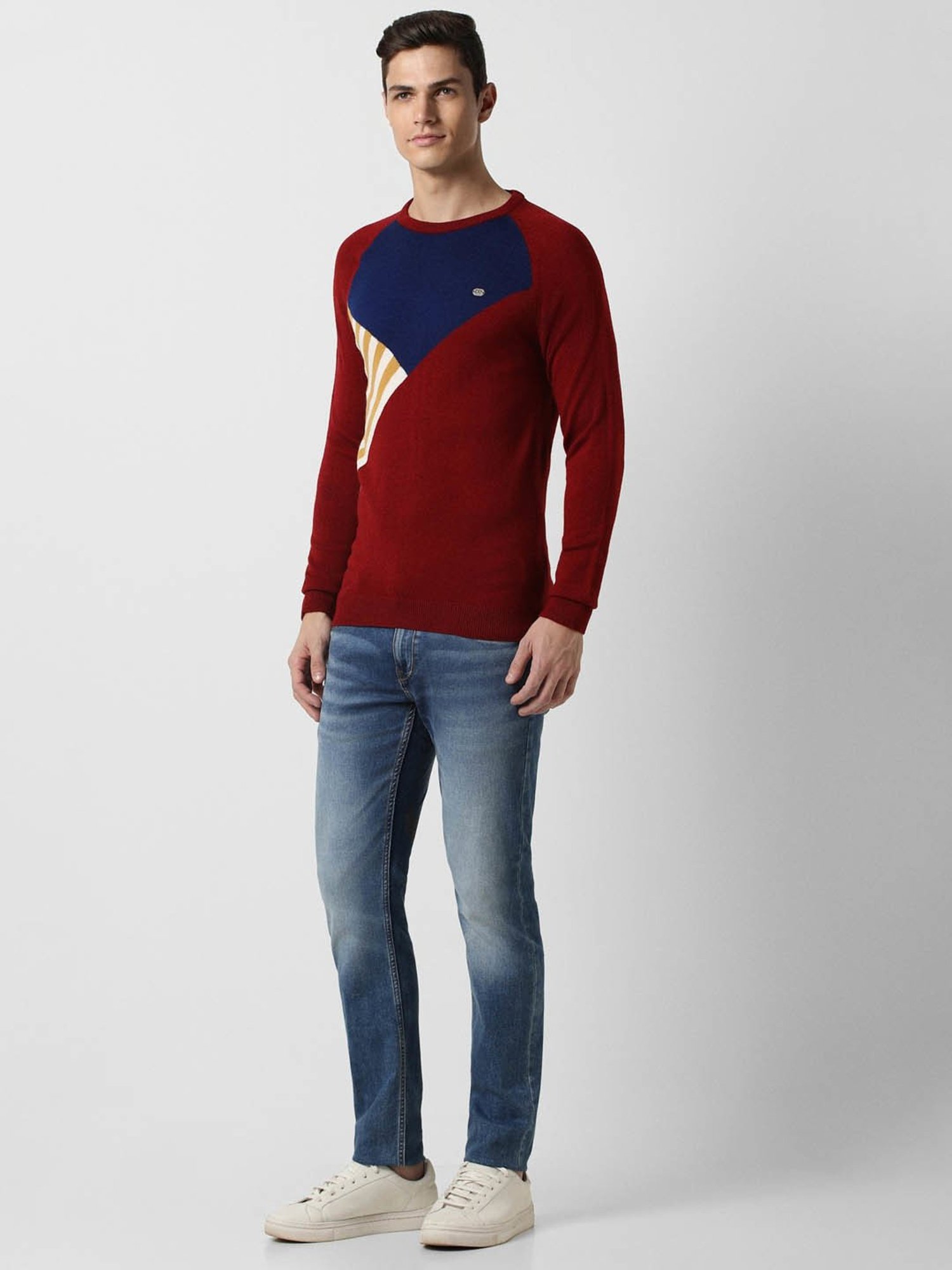 Peter England Casuals Maroon Regular Fit Colour Block Sweater