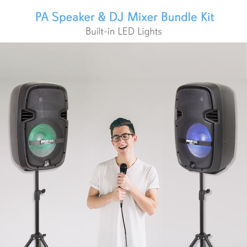 Pyle Stage and Studio 10 Inch Bluetooth PA Loud Speaker System with Built In LED Lights and DJ Mixer Bundle Kit