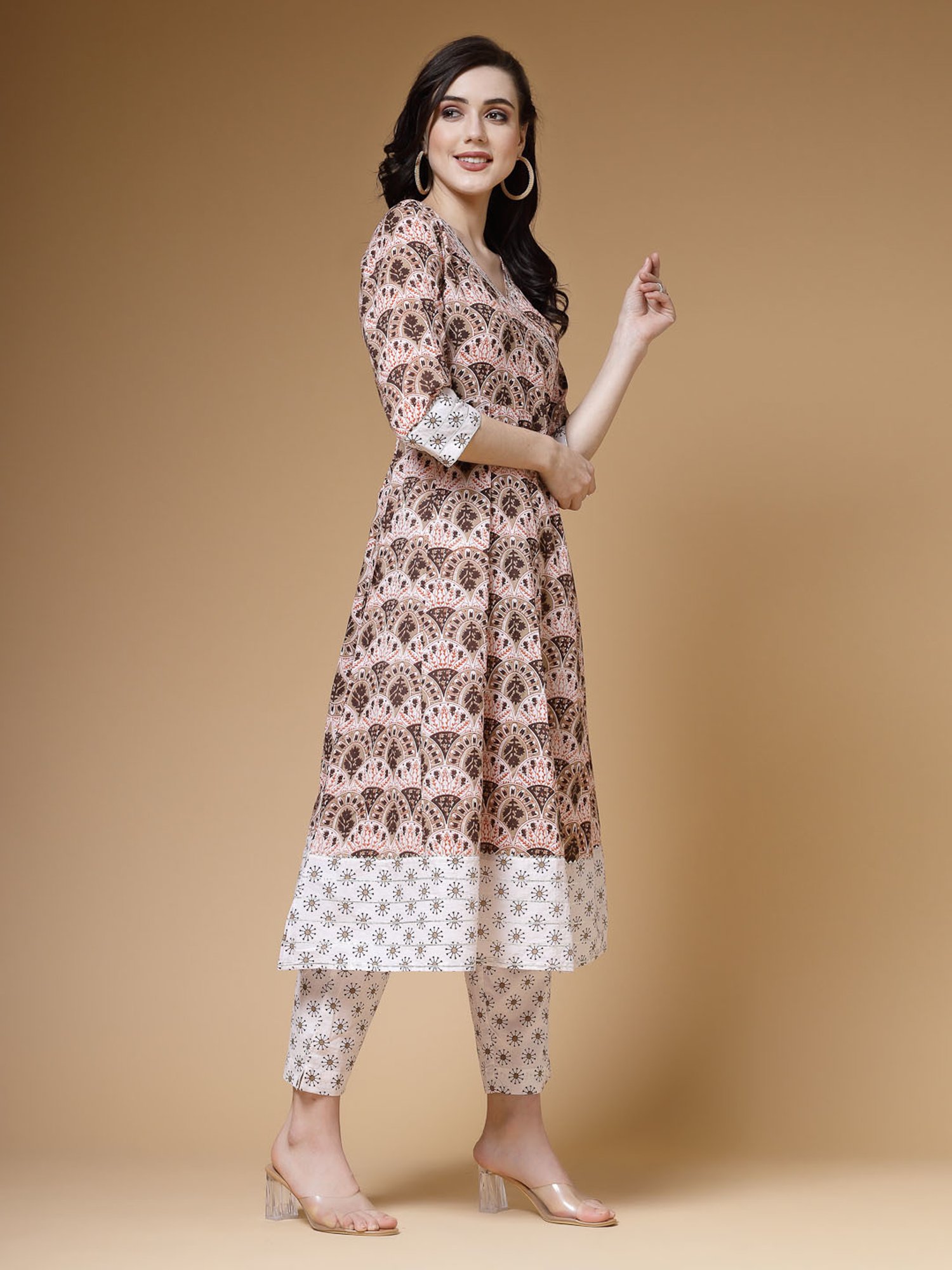 Indibelle Light Brown Cotton Printed A Line Kurta