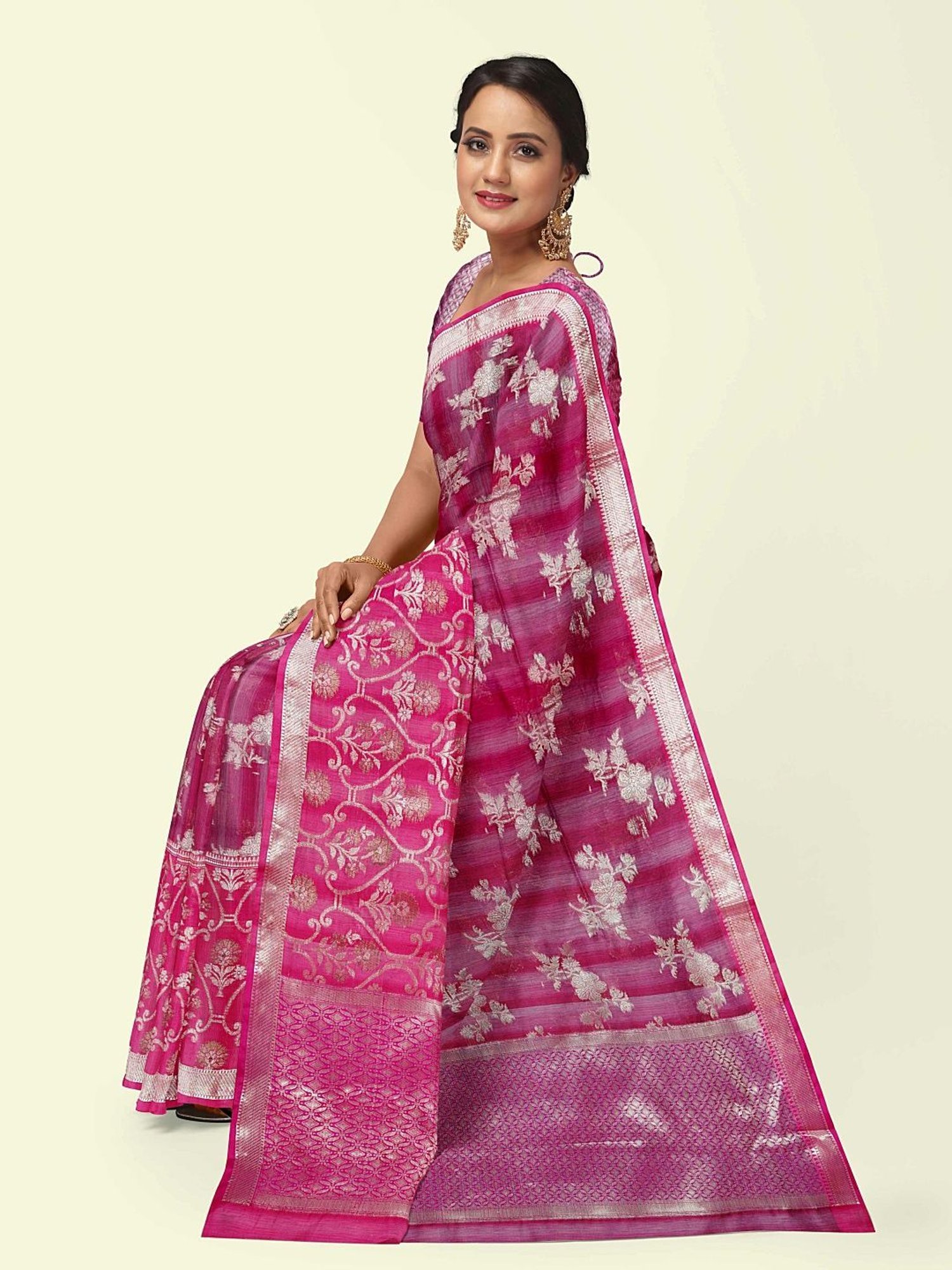 Banarasi Silk Works Pink Woven Saree With Unstitched Blouse