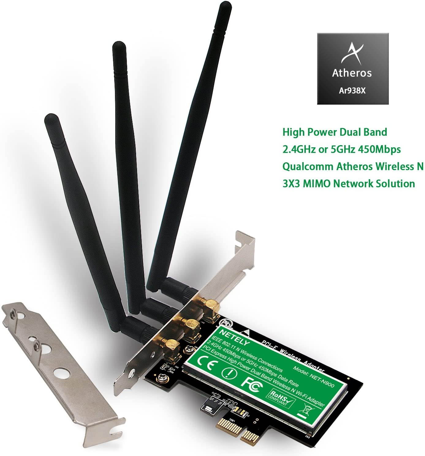Wireless Dual Band N900 3x3 MIMO PCI Express(PCI-E Wi-Fi Adapter for PCs or Working Stations-PCIE Wi-Fi Card-PCIE Wireless Adapter-Qualcomm Atheros Wireless Network Adapter(NET-N900)