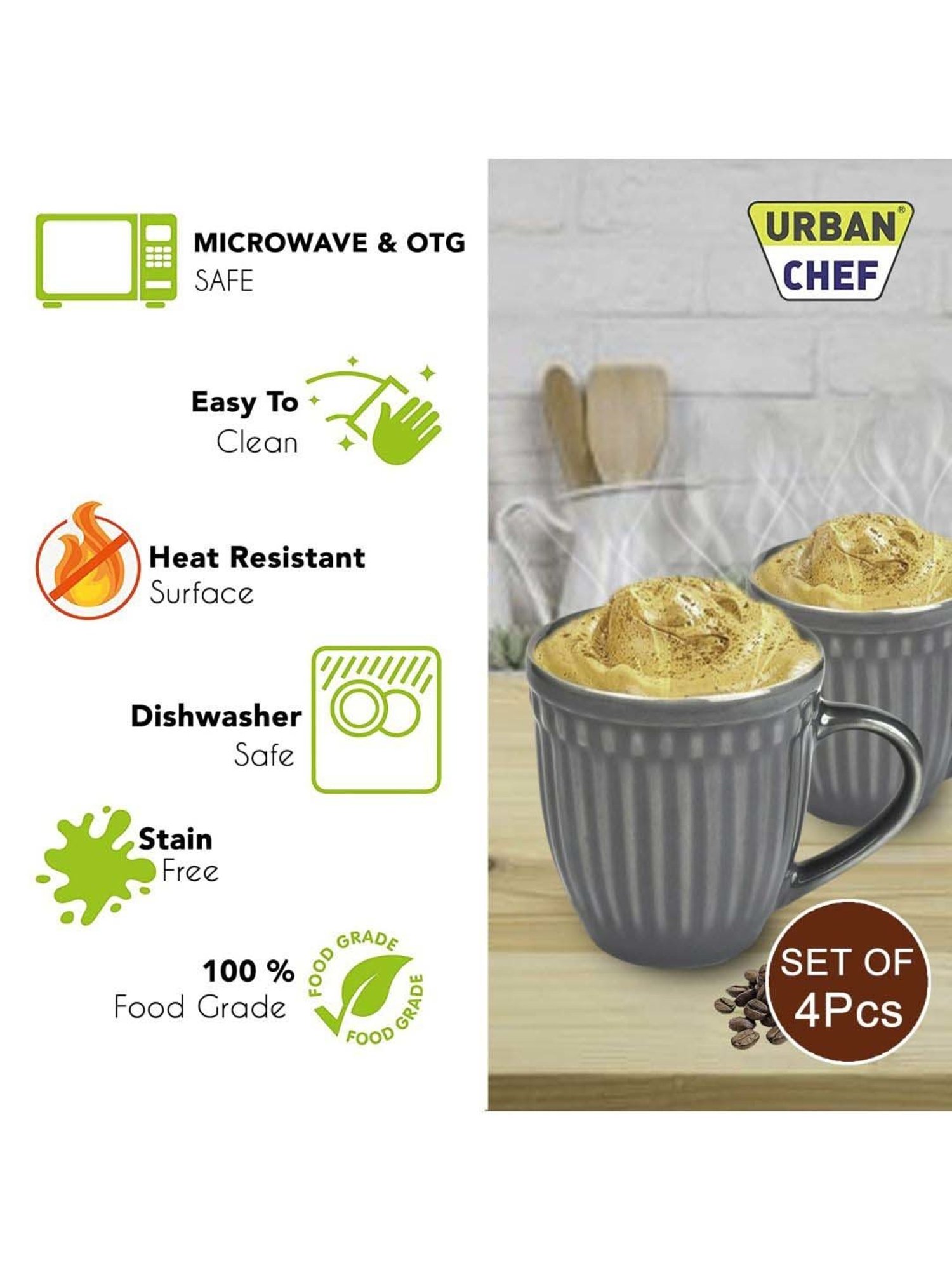 Urban Chef Pink & Grey Ceramic Handcrafted Microwave Safe Tea Cup - Set of 4